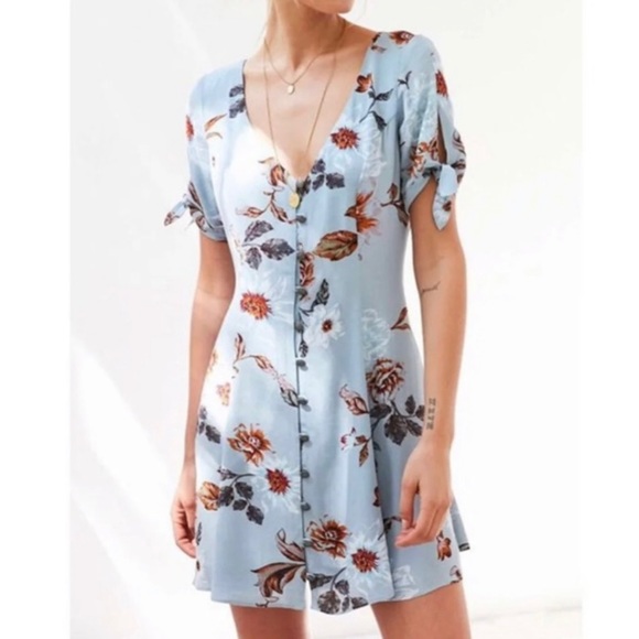 Urban Outfitters Dresses & Skirts - SOLD-Urban Outfitters Floral Pastel Blue Tie Sleeve Mini Buttondown ShirtDress